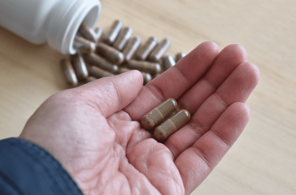 mushroom supplements to lower cortisol shown in a persons hand