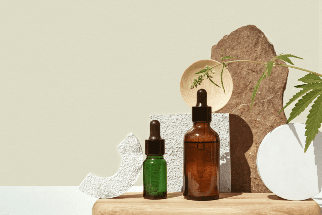 various glass bottles with cbd oil thc tincture