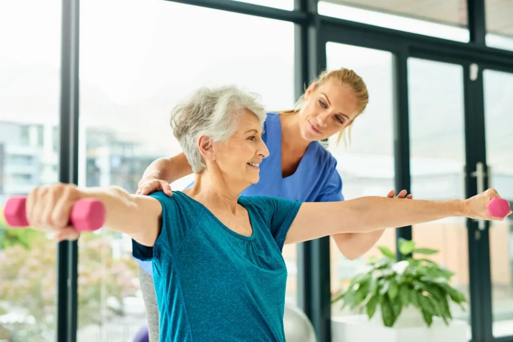 Aged woman with strong bones doing exercise