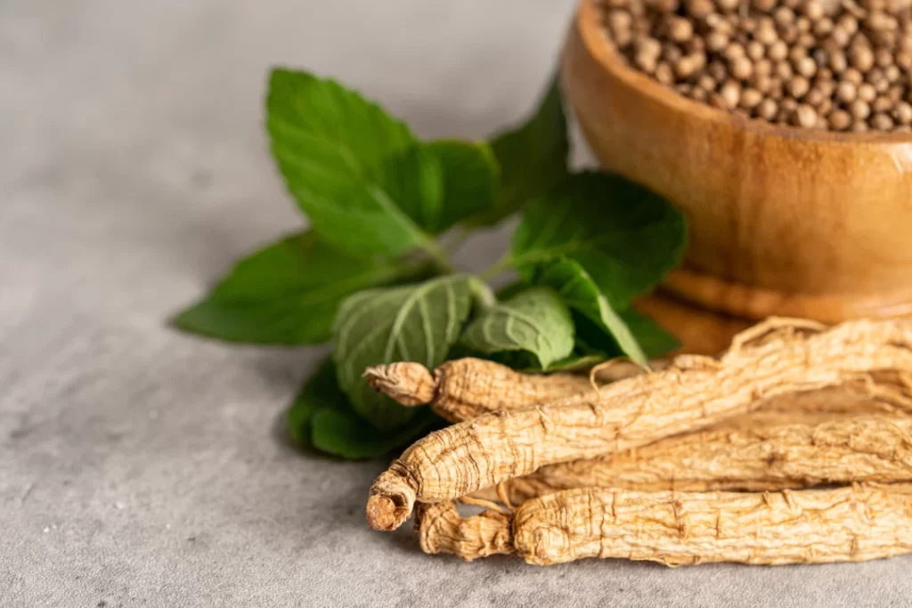 Panax ginseng root, seed, and leaves.