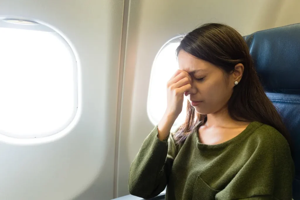 Woman feeling upset while traveling in a plane. 